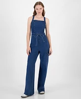 Tinseltown Juniors' Wide-Leg Square-Neck Tie-Front Cargo Jumpsuit