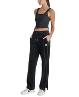 Dkny Women's Velour Rhinestone-Logo Side-Slit Track Pants