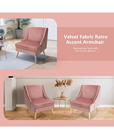 Sugift Velvet Wing Back Accent Chair with Rubber Wood Legs and Padded Seat for Living Room-Pink