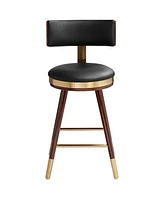 Studio 55D Parker Walnut Wood Gold Metal Bar Stool Brown 25 1/2" High Mid Century Modern Black Leather Upholstered with Backrest Footrest for Kitchen