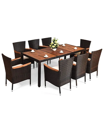 Sugift 9 Pieces Rattan Dining Set with Acacia Wood Table and Stackable Cushioned Chairs