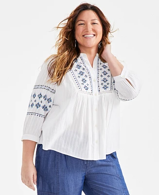 Style & Co Plus Size Embroidered 3/4-Sleeve Button-Front Blouse, Created for Macy's