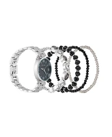 Jessica Carlyle Women's Analog Shiny Silver-Tone Metal Strap Watch 34mm 5 Pieces Bracelet Gift Set