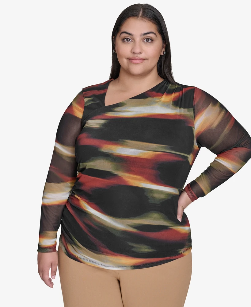 Dkny Plus Printed Side-Ruched Asymmetric Top