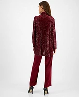 Anne Klein Womens Sequin Embellished Open Front Jacket V Neck Sleeveless Sequin Top High Rise Pull On Pants