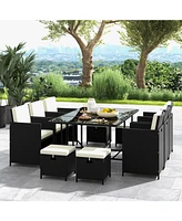 Givimo 11 Piece Patio Dining Set Wicker Chairs and Tempered Glass Table with Waterproof Cushions-Black & White