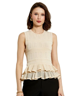 Mac Duggal Women's Sleeveless High Neck Knit Top With Ruffle Hem
