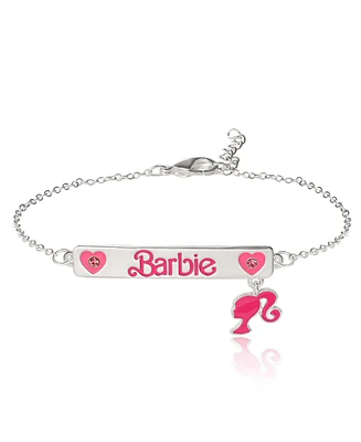 Barbie Silver Plated Bar Pink Crystal Heart Bracelet