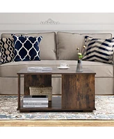 Sugift 2 Tiers Square Coffee Table with Storage and Non-Slip Foot Pads-Rustic Brown