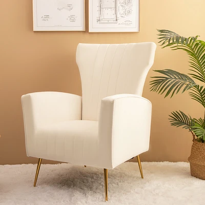 Simplie Fun White Velvet Wingback Accent Chair with Gold Legs