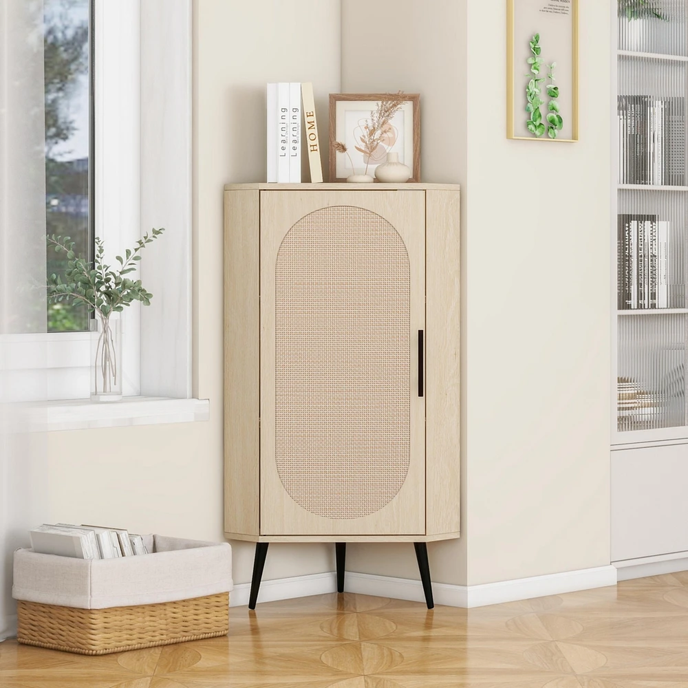 Simplie Fun Corner Cabinet with Rattan Door for Small Spaces