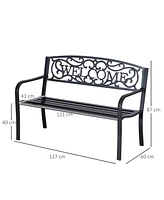 50" Black Metal Welcome Bench with Slatted Seat for Outdoor Spaces