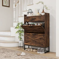Simplie Fun Narrow Shoe Cabinet with 2 Flip Doors and Top Drawer, Brown