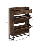 Simplie Fun Narrow Shoe Cabinet with 2 Flip Doors and Top Drawer, Brown
