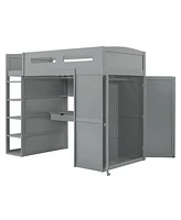 Streamdale Furniture Twin Size Loft Bed with Desk, Wardrobes, 4 Drawers and 4 Shelves-Gray