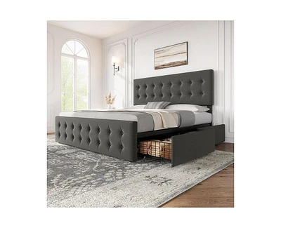 gaomon Queen Size Bed Frame with 4 Storage Drawers and Headboard, Velvet Upholstered Platform Bed Frame with Wooden Slats Support, Button Tufted Desig