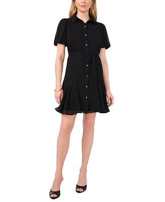 Msk Petite Puff-Sleeve Belted Shirtdress