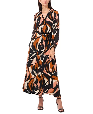 Msk Petite Printed Faux-Wrap Long-Sleeve Maxi Dress