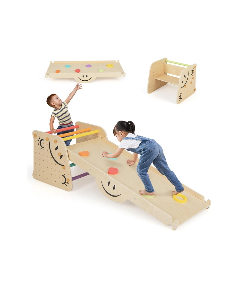 Vebreda Wooden Climbing Toy Triangle Climber Set with Seesaw-Multicolor