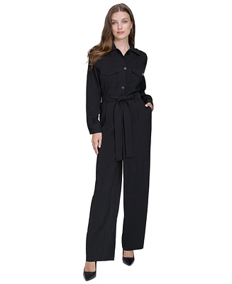 Halston Women's Trench Tie-Waist Wide-Leg Long-Sleeve Jumpsuit