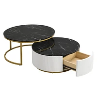 Modern Round Nesting Coffee Table Fluted with Drawer in Black & Gold in 31.5"