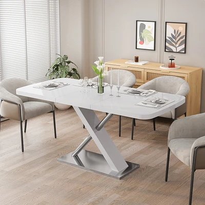 Simplie Fun Extendable White Glossy Dining Table with Metal Base (4-6 People)