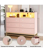 gaomon 6 Drawer Double Dresser Tv Stand with Power Outlet & Led Light - Wood Dresser for Nursery, Living Room, Hallway