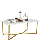 Sugift White Faux Marble Coffee Table with Gold Finished Metal Frame