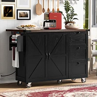 Black Farmhouse Kitchen Island with Storage, Drop Leaf, Power Outlet, Wheels