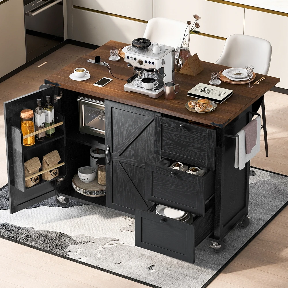 Streamdale Furniture Black Farmhouse Kitchen Island with Storage, Drop Leaf, Power Outlet, Wheels