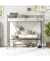 Gymax Twin Metal Loft Bed Frame w/ 2 Ladders Full-length Guardrail Space-Saving Silver