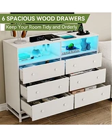 gaomon Modern 6 Drawer Double Dresser Tv Stand with Power Outlet & Led Light