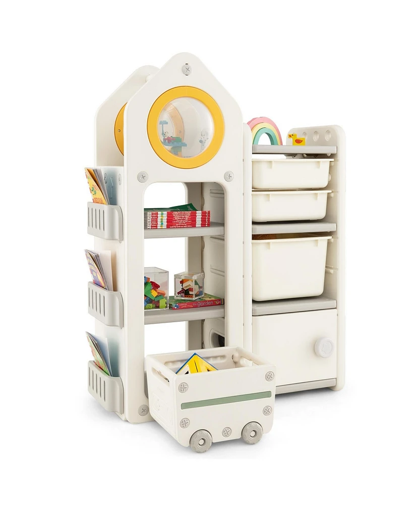 Gymax Kids Toy Storage Organizer Multipurpose Bookshelf w/ Cabinets & Mobile Trolley