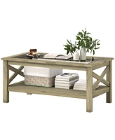 Homcom Coffee Table with Wood Frame for Living Room, White Oak