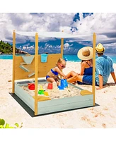 Costway Kids Sandbox with Sand Wall Detachable Canopy Bottom Liner Water Bucket Outdoor