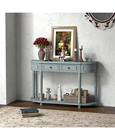 Sugift 52 Inch Retro Console Table with 2 Drawers and Open Shelf Entryway Sofa Table-Blue