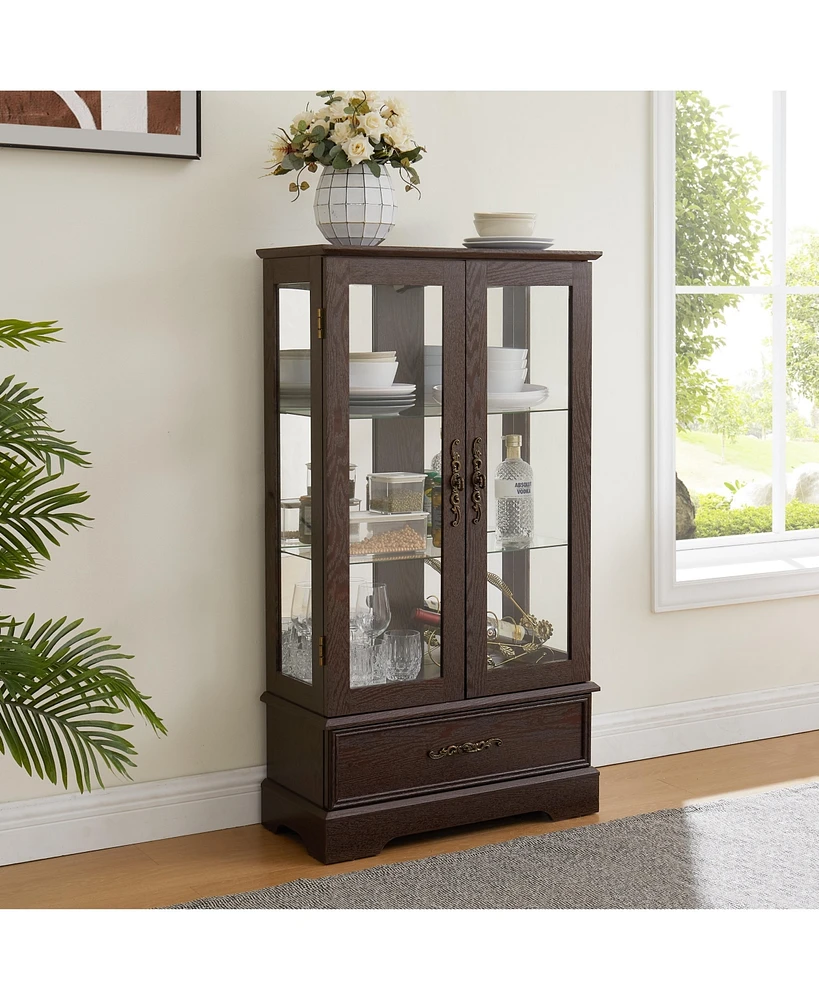 Streamdale Furniture Lighted Glass Curio Cabinet, Adjustable Shelves, 2 Doors, Drawer, Bulb, Cherry