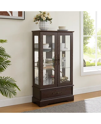 Streamdale Furniture Lighted Glass Curio Cabinet, Adjustable Shelves, 2 Doors, Drawer, Bulb, Cherry