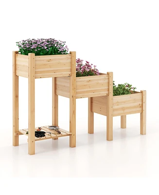 Sugift 3-Tier Wooden Raised Garden Bed with Open Storage Shelf-Natural