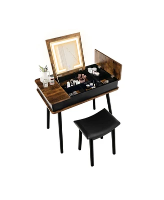 Skonyon Vanity Table Set with Flip Top Mirror Lights Usb Writing Desk and Stool-Brown