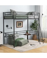 Skonyon Twin Metal Loft Bed Frame with Ladder and Metal Slats Support-Black