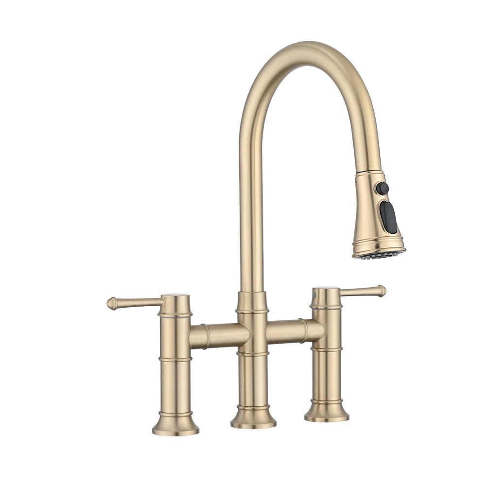 Streamdale Furniture Double Handle Bridge Kitchen Faucet With Pull-Down Spray Head