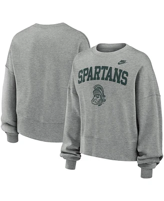 Nike Women's Heather Gray Michigan State Spartans Legacy Fleece Classic Arch Oversized Cropped Pullover Sweatshirt