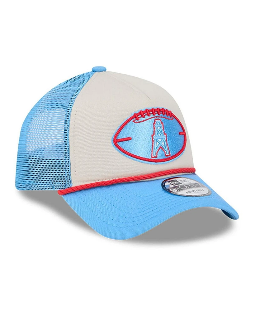 New Era Men's Stone/Light Blue Houston Oilers 2024 Sideline Historic 9FORTY A-Frame Trucker Adjustable Hat