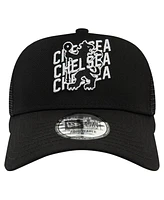 New Era Men's Black Chelsea Wordmark Overlay A-Frame Trucker 9FORTY Adjustable Hat