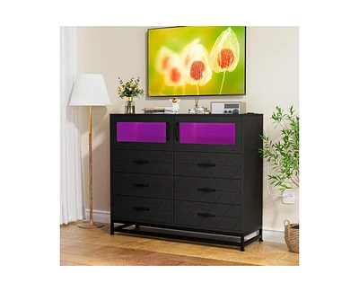 gaomon Dresser for Bedroom with Led Lights and Charging Station, 6 Drawer Double Dresser with 2 Shelves, Wide Modern Wooden Chest of Drawers for Bedro