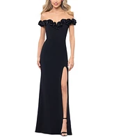 Blondie Nites Juniors' Off-The-Shoulder Ruffled Evening Gown