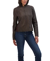 Sebby Collection Women's Garment Dyed Faux Leather Zip Front Jacket With Detachable Sweater Knit Hood