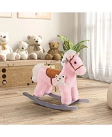 Streamdale Furniture Kids Plush Rocking Horse with Toy Bear & Sounds, Pink