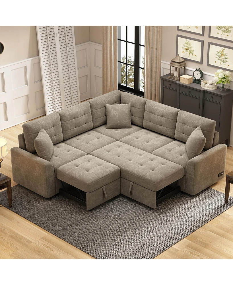 Streamdale Furniture Sofa Bed L-shape Pull-out with Usb/Power Sockets (Khaki)